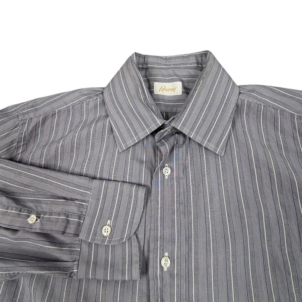 Brioni Mens Button Down Shirt Striped Long Sleeve Cotton Blue White Grey 16